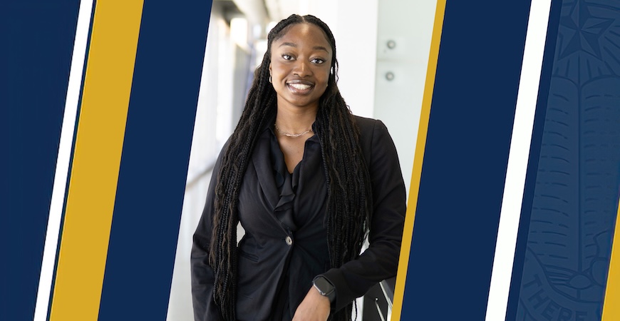 Photo depicts graphic blue and gold background and Efosa Omorogieva, a third-year computer science and engineering major at UC Merced,.