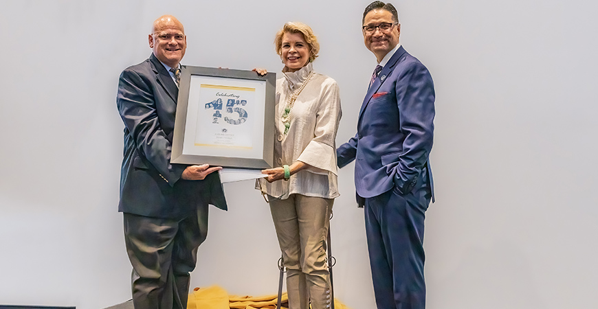 UC Merced Vice Chancellor and Chief External Relations Officer E. Edward Klotzbier, Sherrie Spendlove and Chancellor Juan Sánchez Muñoz pose for a photo.